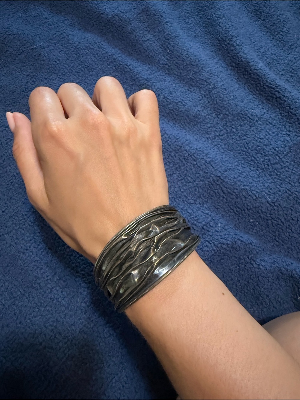 Wide Sculptural Metal Cuff Bracelet in Aged Silver